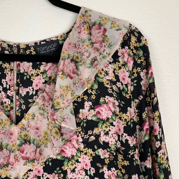 Topshop Black Floral Ruffled Bell Sleeve‎ Dress - Picture 4 of 8
